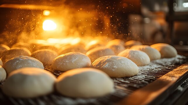 Close up of dough balls on a baking tray entering a warm oven with golden light and steam rising as they begin to bake in a professional kitchen setting, elegantly showcasing warmth.