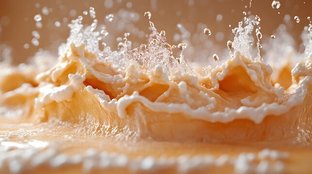 Close-up of golden dough being expertly turned out with flour dust flying in slow motion capturing the texture and energy of baking process with warm lighting and dynamic splash effect.