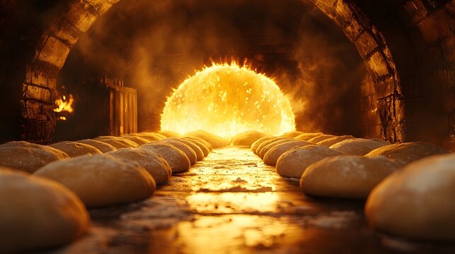 Rows of fresh bread loaves arranged on a stone oven floor under intense radiant heat from a glowing fire within an arched brick oven with steam rising as dough bakes to golden perfection.