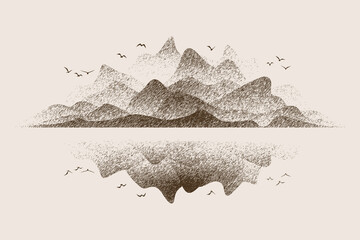 Mountain Island reflected in the sea, sepia tones, vector sketch, imitation of a pencil drawing © Valerii