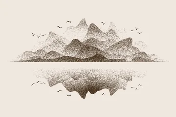 Mountain Island reflected in the sea, sepia tones, vector sketch, imitation of a pencil drawing © Valerii