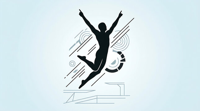 Athletic silhouette jumping from high platform with abstract geometric lines symbolizing motion and achievement