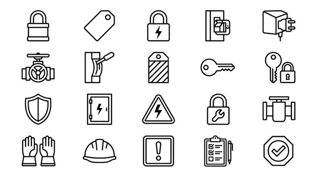Safety Lockout Tagout Vector Icon Set with Electrical Safety Padlock Warning Tag Circuit Breaker and LOTO Symbols