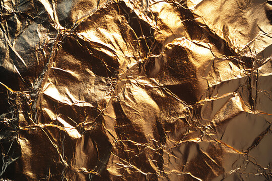 Closeup of Crumpled Gold Foil Texture with Reflective Highlights.