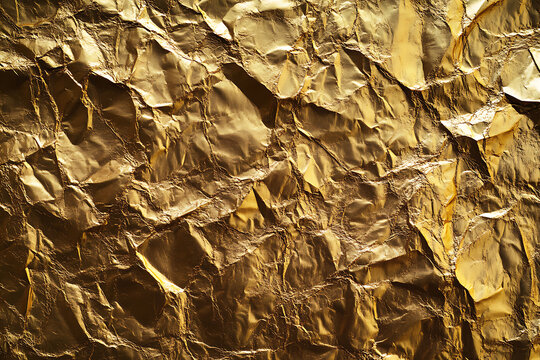 Closeup of crumpled gold foil texture with dramatic lighting.