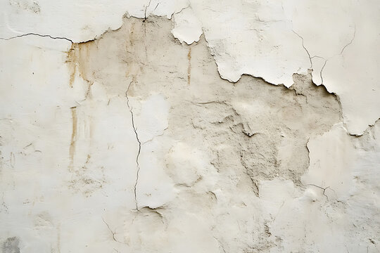 Closeup of peeling paint and cracked plaster on a wall showing texture and decay.