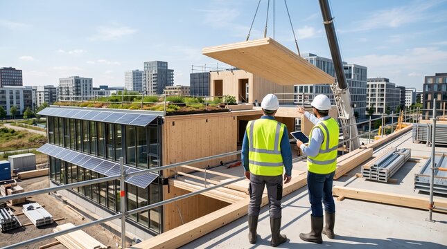 Construction engineers supervising modular wooden building assembly with solar panels and green roof installation on urban development site showcasing sustainable architecture