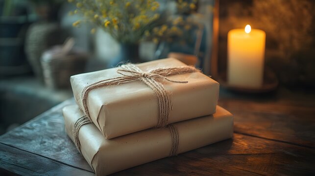 Two neatly wrapped gifts in rustic brown paper tied with natural twine sit on a wooden table beside a glowing candle and fresh yellow flowers creating a warm intimate gift-giving atmosphere perfect.