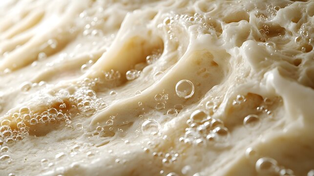 Close up of dough rising with bubbles forming during fermentation process capturing the texture and expansion of yeast activity in a warm environment for baking preparation - warmth.
