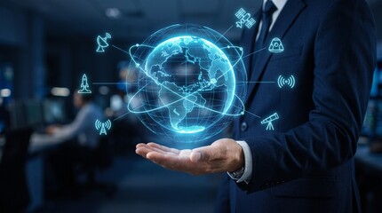 Fototapeta premium Business professional holding holographic Earth globe with digital network connections in futuristic office