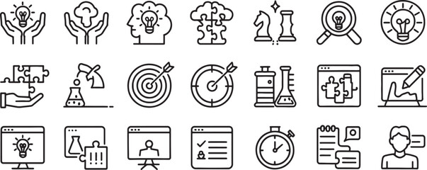 Education Icon Set with Light Bulb Ideas, Puzzle Pieces, Target Goals, and Science Lab Symbols in Outline Style © md