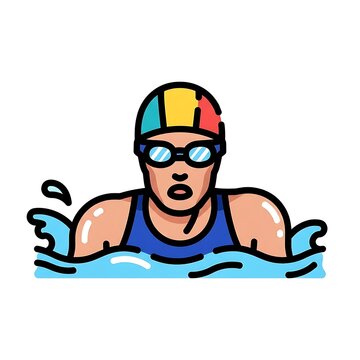 Surprised man wearing colorful swim cap and goggles.