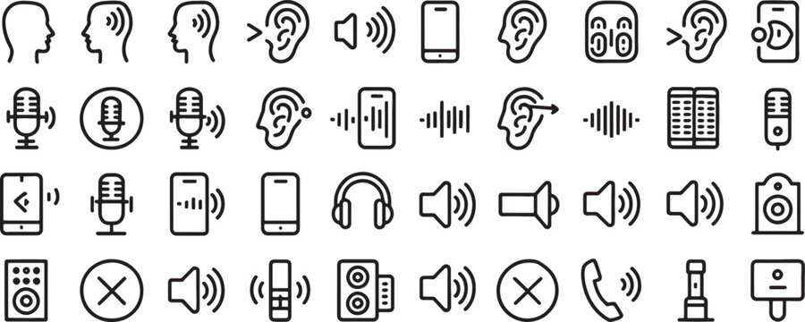 Audio Communication Icon Set with Microphones, Phones, Headsets, Speakers, and Sound Waves for Signal Concepts