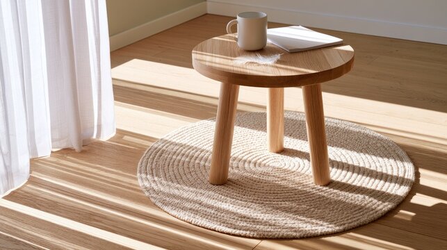 Minimalist wooden table with mug and book on textured rug, sunlit room