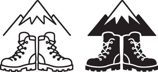 Fototapeta premium Hiking boots and mountain peak icons, outdoor adventure footwear vector set, black and white trekking boot symbols for camping and climbing
