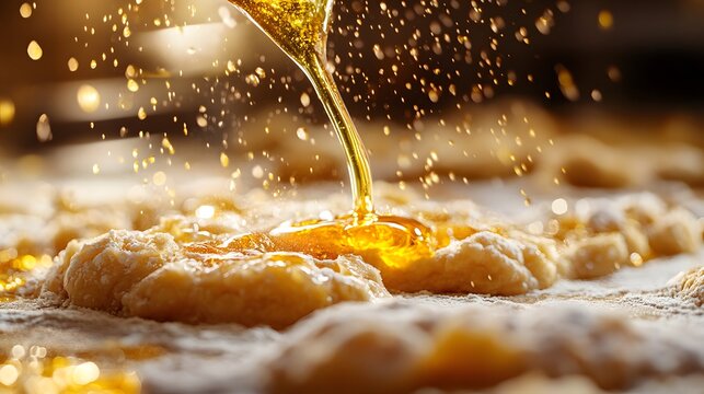 Golden honey drizzled in slow motion onto a soft, flour-dusted dough surface creating sparkling droplets and warm bokeh highlights capturing the essence of artisanal baking with rich textures.