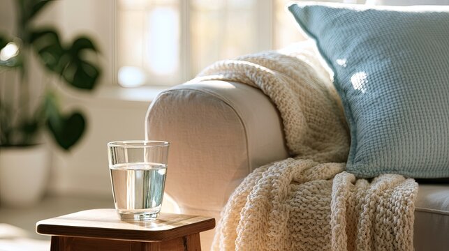 Cozy living room scene with a glass of water and a blanket on a sofa