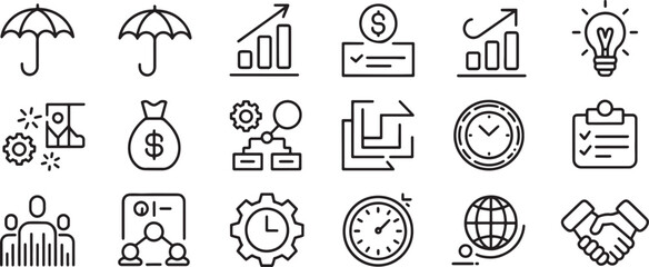 Fototapeta premium Business Icons Set with Umbrella, Chart, Currency, Calculator, Clock, Globe, Clipboard, and Lightbulb Concepts in Line Art
