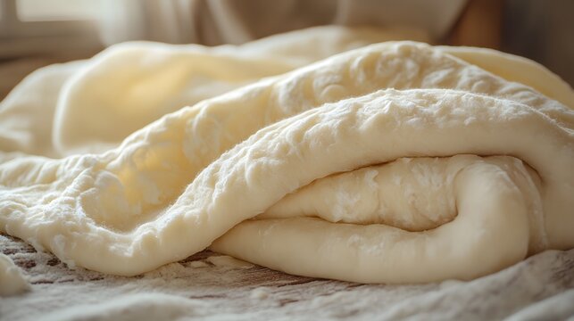 A close up of soft, risen dough resting under a cloth on a textured surface with gentle natural lighting highlighting its airy texture and organic curves, elegantly showcasing covered.