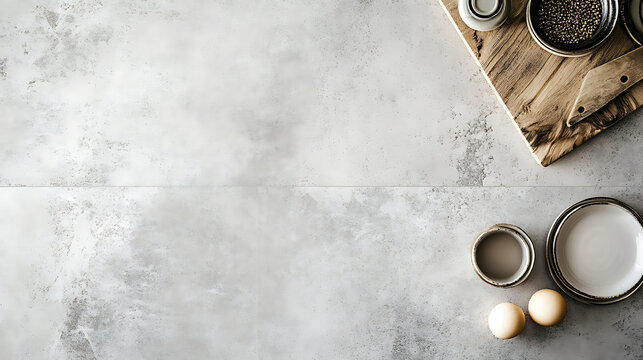 Overhead view of paint cans and wooden cutting board on textured surface.