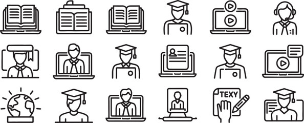 Fototapeta premium Graduation Cap Icons Set for Online Learning and Education with Students, Classrooms, and Study Symbols in Line Style