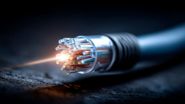 Close up view of high speed fiber optic cable connector with glowing internal light, connector