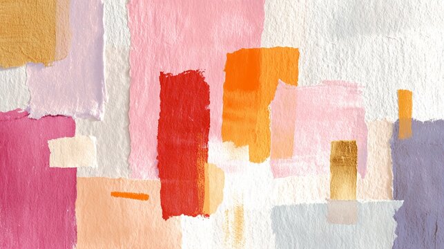 Handcrafted paper collage background with gold and red color blo
