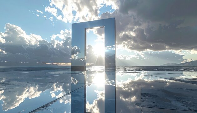 Reflective portal frames the sun and sky over a mirrored surface near mountains