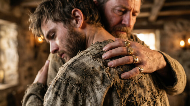 The Prodigal Son returning home, embraced by his forgiving father on a dirt path. Biblical story of redemption and grace
