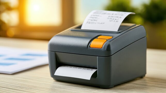 A compact receipt printer actively printing on thermal paper, placed on a wooden desk in a warmly lit indoor setting.