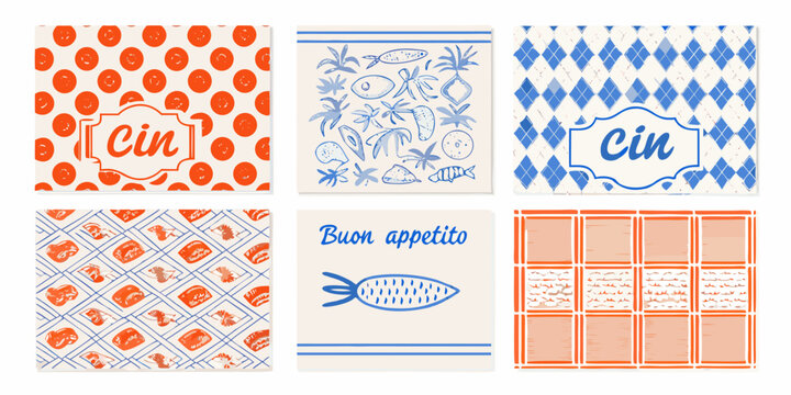 Retro style food themed patterns and illustrations on rectangular cards