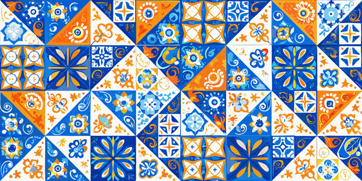 Floral ornament pattern with blue and orange geometric tiles
