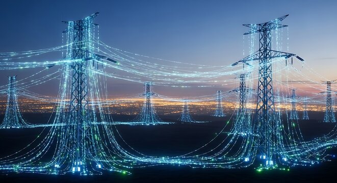 Glowing Transmission Towers at Dusk with Illuminated Cables