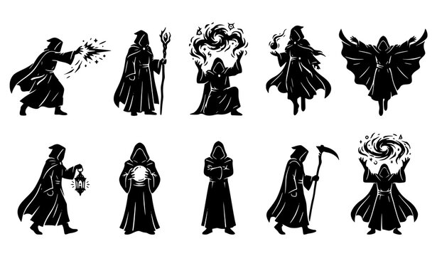 Dark Fantasy Hooded Mage Silhouette Vector Icon Collection with Cloaked Wizard Characters