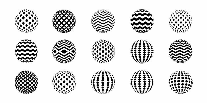 Spheres with varied dot and chevron patterns on a white background