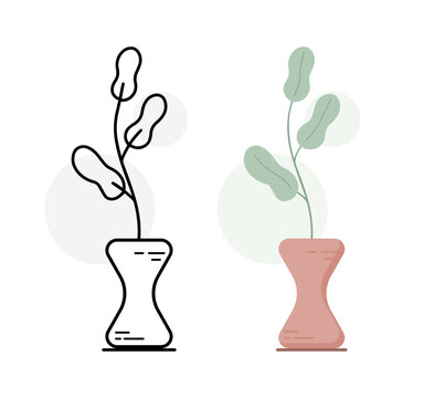 Abstract Blob Leaf Plant in Hourglass Vase Line Art and Flat Style Set
