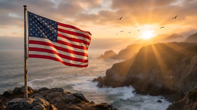 American flag waving on a cliff overlooking the ocean at sunset