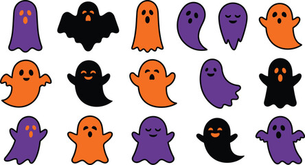 Fototapeta premium Cute halloween ghosts and bats vector set for spooky holiday designs