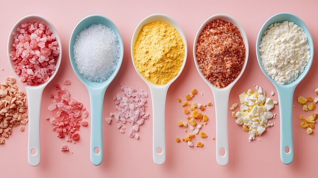 A flat lay arrangement of various colorful powders and crystals in measuring spoons against a soft pink background showcasing culinary ingredients like salt yeast flour cornmeal - mother.