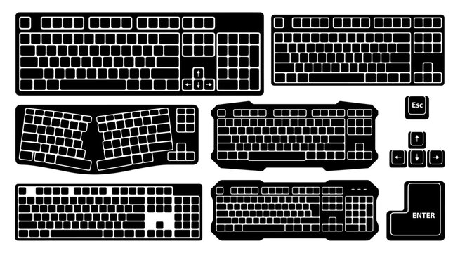 Keyboard silhouette vector illustration collection with mechanical gaming and ergonomic keyboard set, Ergonomic Keyboard Icon Set, Computer Peripheral Symbol in Various Styles on white background