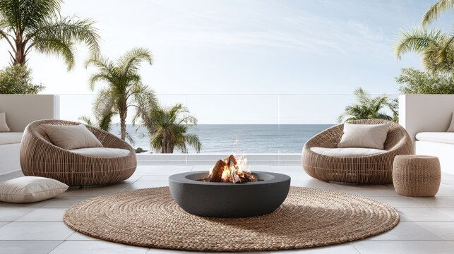 Outdoor seating area with fire pit and ocean view