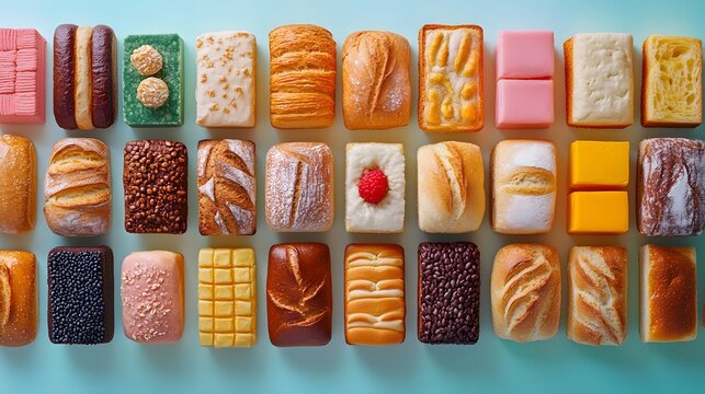 A vibrant display of assorted bread loaves and pastries arranged neatly in rows showcasing diverse textures colors and shapes ideal for culinary or baking themed content with a clean modern aesthetic.