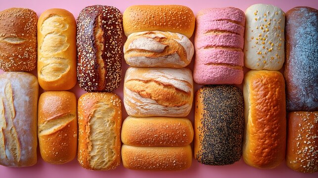 A vibrant display of assorted artisanal bread loaves arranged neatly in rows showcasing diverse textures colors and shapes perfect for bakery branding or food product presentations.