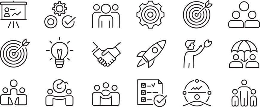 Business Icons Set with Marketing, Startup, Target, Gear, People, Handshake, Rocket, Umbrella, and Document Elements