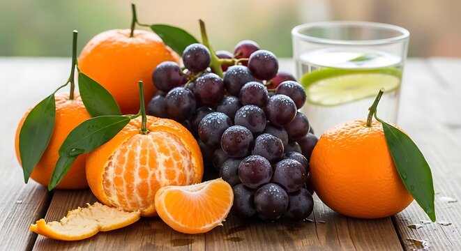 Fresh ripe mandarins and black grapes on wooden table.