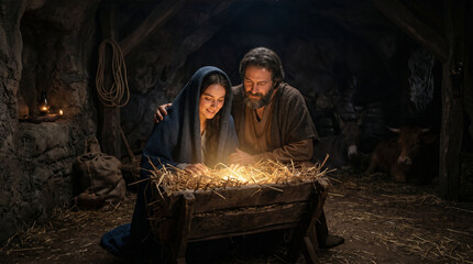 Obraz premium The Nativity scene. Mary and Joseph looking lovingly at baby Jesus resting in a wooden manger in a humble Bethlehem stable