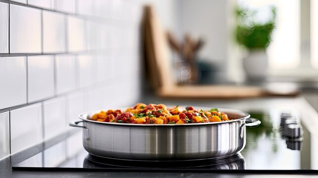 A savory stew fills a polished metal pot on a modern induction stovetop