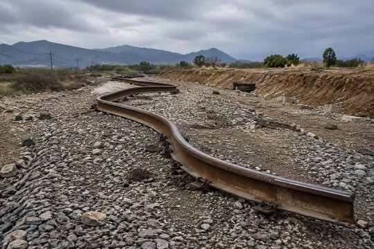Twisted railway track disconnected from sleepers after an earthquake.