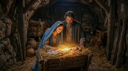 Obraz premium The Nativity scene. Mary and Joseph looking lovingly at baby Jesus resting in a wooden manger in a humble Bethlehem stable