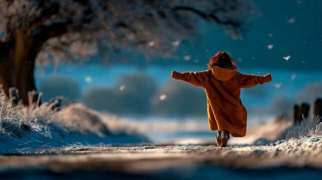 Little girl in coat playing and running in snowy winter landscape with forest background